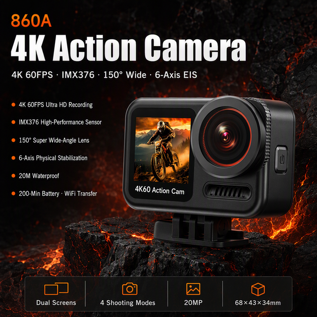 4K Dual Screen Action Camera Waterproof 20M 2.0 IPS Touch Screen 60FPS Sports Camera with Bike Mount Wholesale