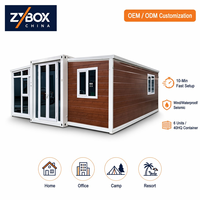 ZYBOX Maison conteneur extensible 40 pieds, grain de bois bordeaux, OEM ODM, installation en 10 minutes, préfabriquée pour bureau, camping, station balnéaire