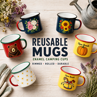 Mug de camping en émail avec logo personnalisé, vente en gros, tasse à café en métal réutilisable à bord roulé avec motif floral, design cadeau, vert armée
