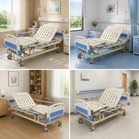 Lit d'hôpital pliant à 2 sections avec barre latérale, manivelle manuelle, plateau ventilé à motif bois et accents bleus, idéal pour les maisons de retraite
