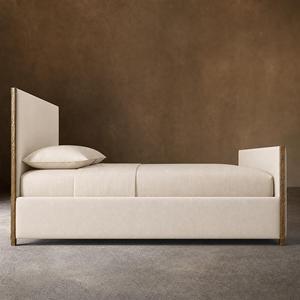 Lit à panneaux en tissu Wabi-Sabi de collection privée avec pied de lit, cadre en fer forgé à la main et base plateforme basse pour villa - Product Image 4