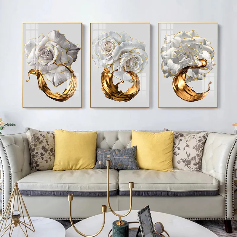 Современный золотой край белый цветок абстрактный настенный холст домашний Декор хрустальный фарфор живопись