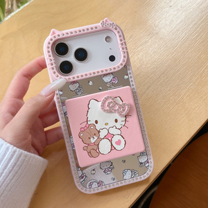 Funda para teléfono móvil con diseño de gato KT de dibujos animados, espejo y soporte, para iPhone 17 Air 16 15 Pro Max, con soporte plegable, oreja de oso y diamantes, cubierta trasera bonita - Product Image 4