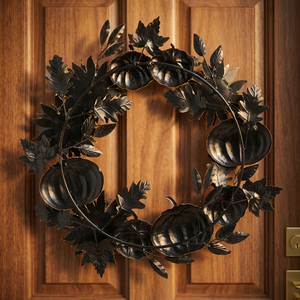 Black Metal Pumpkin <b>Wreath</b> Round Halloween Decorative Handmade Rustic Style Unlit Single Piece - Product Image 3