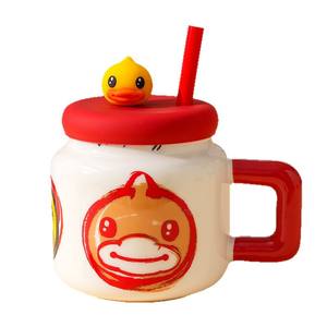 Taza de Cerámica Pikachu B.Duck con Tapa y Pajita, Naranja, Roja, Amarilla, Taza Infantil de Porcelana, Primavera 2025 - Product Image 5