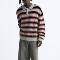 Pull en mélange de laine mohair YSYS pour homme, personnalisé avec logo OEM/ODM, col rayé, manches longues, tricoté duveteux, séchage rapide, idéal pour l'été