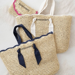 Bolso Tote de <span class=keywords><strong>Rafia</strong></span> con Monograma Personalizado y Asas de Listón, Bolso de Playa de Gran Capacidad, Bolso de Hombro Tejido para Vacaciones de Verano - Product Image 1