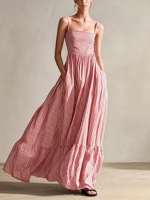 Robe longue tissée rayée pour femme, col carré, volants étagés, avec poches, taille haute, en lin, décontractée, pour l'été et la plage
