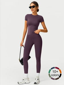 Set celana Yoga lengan pendek wanita, kemeja lengan pendek legging pinggang tinggi untuk atletik Gym 2 potong leher bulat dan celana Yoga - Product Image 6