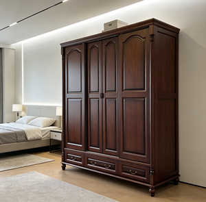 Armario de Madera Maciza de Lujo de 4 Puertas con 3 Cajones Inferiores, Armario de Almacenamiento de Ropa para Dormitorio en Estilo Retro Nogal - Product Image 4
