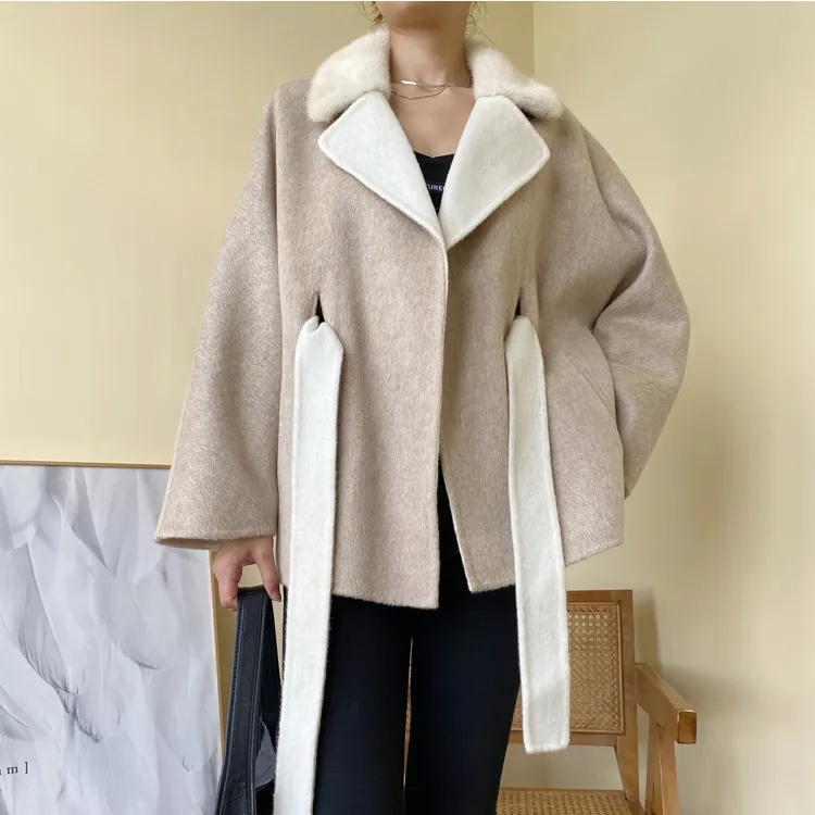 DS06 New Arrival 2021 Women's Natural Wool Cashmere Coat Winter Thickening Mink Fur Collar Jacket With Belt