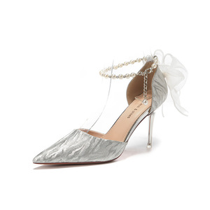 Zapatos de Novia con Tacón de Aguja, Punta en Pico, Correa en el Tobillo, Decoración de Lazo, Forro de Satén, Súper Altos - Product Image 5