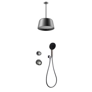Ensemble de <span class=keywords><strong>douche</strong></span> mural encastré à double unité en cuivre doré brossé avec douchette de plafond dissimulée intégrée - Product Image 5
