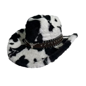 New Arrival Unisex Vintage Cow Print Fuzzy Studded Cowboy <strong>Hat</strong> for Party Outdoor - Product Image 1