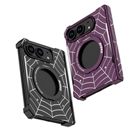 Coque de téléphone antichoc en métal motif toile d'araignée sans bordure pour iPhone Duo avec protection intégrale de la charnière, support magnétique rotatif et anneau de maintien