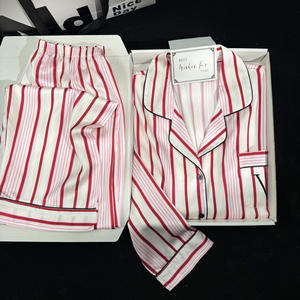 <span class=keywords><strong>Conjunto</strong></span> de Pijama ODM Otoñal Transpirable con Solapa, Elegante Estilo Francés para Mujer, Ropa de Dormir con Rayas Verticales - Product Image 3