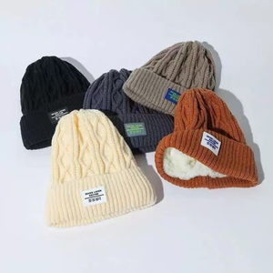 Topi kupluk rajutan datar akrilik berlapis bulu domba, penutup telinga, topi kupluk nelayan, topi perjalanan cuaca dingin, topi bordir, topi bucket - Product Image 1