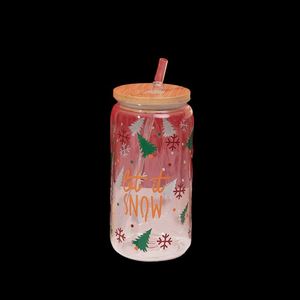 Offre Spéciale – Gobelet en Verre à Double Paroi de 16 oz avec Logo Personnalisé, Sublimation, Motif Neige de Noël, Couvercle en Bambou et Paille - Product Image 1