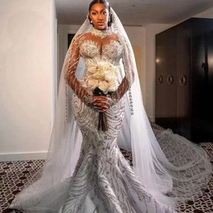 S1315R 2026 Bridal Lace Long Simple Extra Long Slim Beaded Fishtail Fashion Mermaid Wedding Dress - Product Image 2