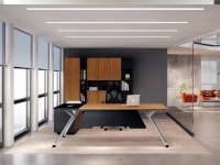 Bureau de direction moderne en forme de L avec armoire de rangement latérale, construction en bois massif, mobilier de bureau commercial écologique