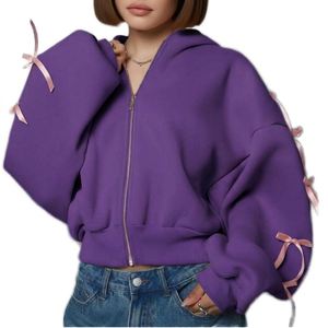Sudadera con capucha rosa extragrande para mujer con mangas abullonadas y detalles de lazo, manga larga, tejida, color liso, estilo otoñal - Product Image 4