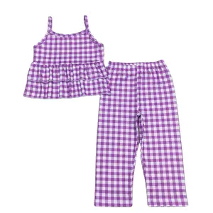 RTS Baby Girls Wholesale Purple Checkered Straps Ruffle Tee Top Pants Spring Wide Pants Summer Boutique Outfits Clothes Sets