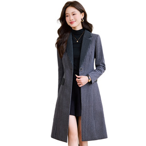 Striped Suit Collar Trench Coat For Women Medium Thickness Polyester Woven Autumn Winter Style Elegant Slim Fit Coat - Product Image 5