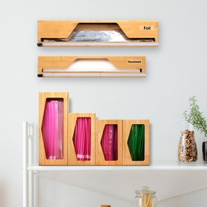 Dispensador de envoltura de montaje en pared de bambú clásico, cortador de papel de cocina, organizador de envoltura de plástico para bolsas de té, rollo de papel de almacenamiento Ziplock - Product Image 5