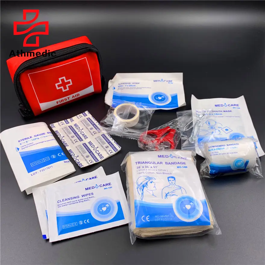 Athmec – mini kit de premiers soins de voyage avec logo personnalisé, étiquette rouge, sac en nylon, 2023
