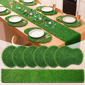 Napperons en gazon artificiel ovales, aspect herbe verte, antidérapants, pour la décoration de la salle à manger à la maison, lot de 6 pièces avec chemin de table - Product Image 1