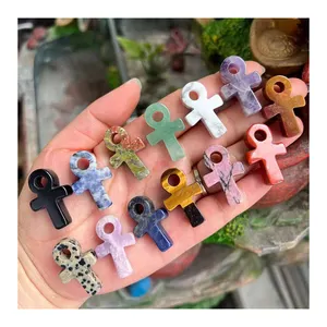 16 Colors Natural Healing Crystal Gem Stone Carved Ankh Pendant Necklace Cross Charm Pendants For Necklace Jewelry