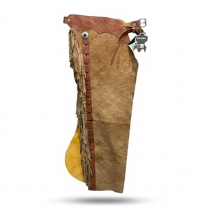 Chaps de Rodeo en Cuir de Vachette Véritable Tan Roughout |   Vêtements équestres B2B personnalisés, taille haute, longueur intégrale, logo frontal à franges - Product Image 1