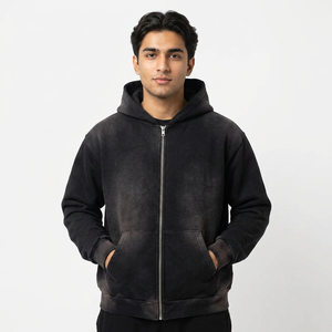 Sweat à capuche Streetwear personnalisé sans ficelle polaire vierge fermeture éclair Vintage double couche lavage à l'acide soleil délavé sweats à capuche en détresse pour hommes - Product Image 1