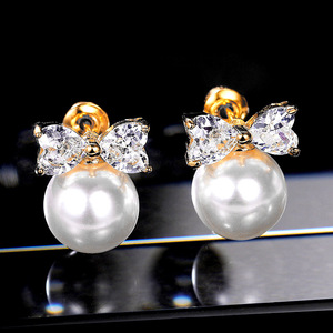 Simpatici orecchini a forma di fiocco per donna, stile perla, corti, eleganti, gioielli alla moda per le orecchie - Product Image 3