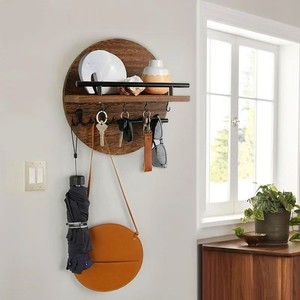 Wooden Wall Mounted <b>Shelf</b> Round 2 Tier Entryway Key Storage Rack With <b>Hooks</b> For Living Room Home Organization - Product Image 1