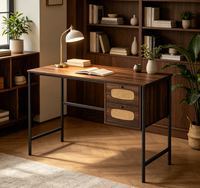 Escritorio de PC Moderno y Sencillo para Estudiantes, Escritorio de Computadora de Madera con Cajones, Mesa de Oficina en Casa, Escritorio de Estudio con Patas de Metal y Ratán