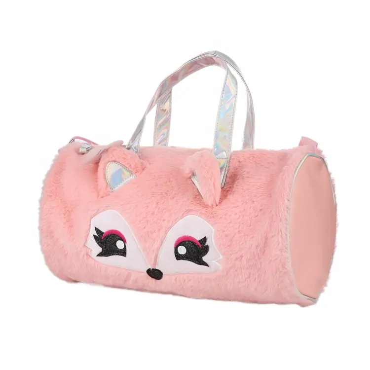 Sacola de pelúcia dobrável com desenho de raposa, bolso esportivo rosa de desenho animado para viagem