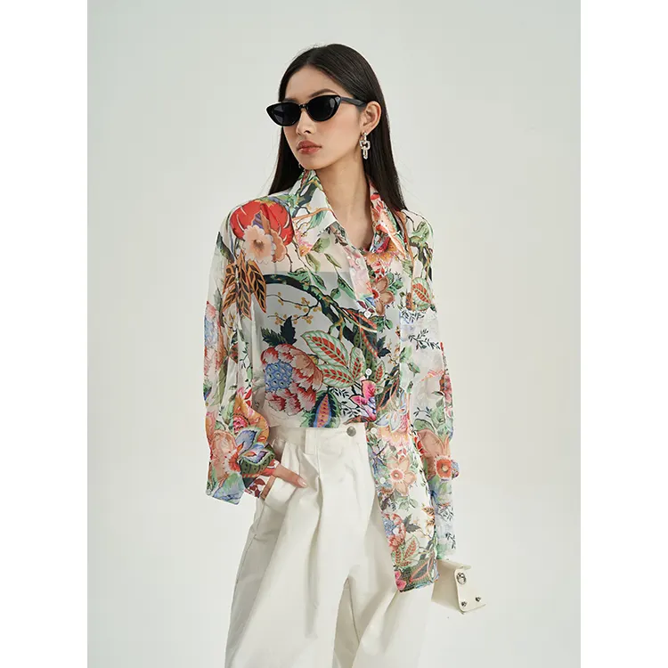 Floral print slightly transparent new ice silk seaside resort style long-sleeved shirt lapel button sun fashion blouse women