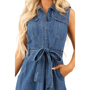 Vestido Maxi Vaquero Sin Mangas de Corte Holgado Más Vendido, Lavado Medio, con Botones y Lazo en la Cintura - Product Image 4