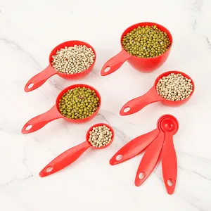 Juego de 8 tazas medidoras y cucharas de plástico rojo con estilo, medición fácil y precisa, imprescindible para la cocina
