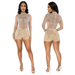 Diamond bling shiny playsuit tuta sexy strass mesh manica lunga body per le donne - Product Image 3