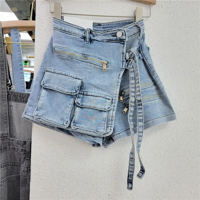 2024 nouveau printemps vente chaude styles irréguliers multi-poches cargo shorts femmes ample jambe large pantalon denim culottes