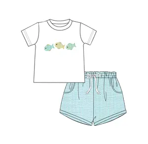 Puresun Custom Kids Clothing Summer Kids Clothes French Knot Baby Boy Clothing With Fish Embroidery