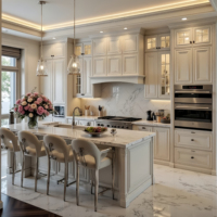 Armoires encastrées HAIYUE style français moderne, finition crème, en contreplaqué à fermeture amortie, îlot en marbre naturel pour projets de maisons personnalisées de designers