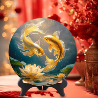 Dekorasi Meja Bundar Ikan Koi Emas Teratai Lukisan Kristal Ornamen Feng Shui Kekayaan Keberuntungan Dekorasi Rumah untuk Ruang Tamu Hadiah