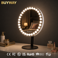 Miroir de maquillage Hollywood rond blanc avec ampoules LED, miroir de vanité de table avec base noire en forme de disque pour chambre à coucher et coiffeuse