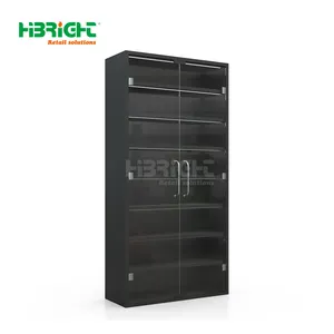 Multi Wooden Layers Grain Back Panel Grocery Display Cabinet With Glass Door