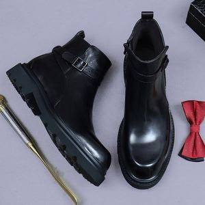 High Quality Black Ankle Square Toe Chelsea <b>Boots</b> First Layer Cowhide Lightweight Business Casual Platform Winter for Men - Product Image 2