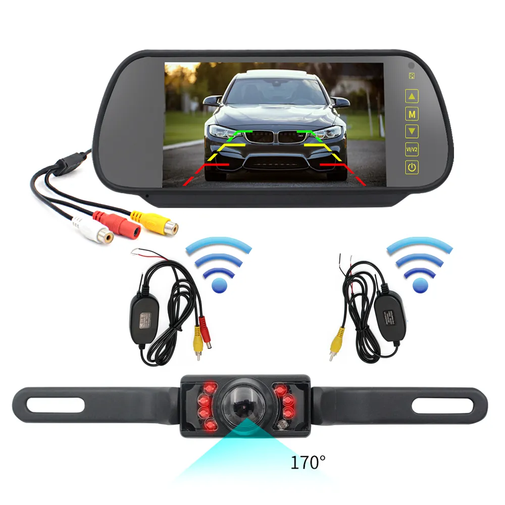 7 "Car LCD Monitor Mirror + Wireless IR Reverse Car Rear View Backup Camera Kit