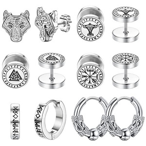 8-Piece Classic Set of Stainless Steel Wolf Head and Geometric <b>Stud</b> <b>Earrings</b> & Huggie Hoops <b>Earrings</b> for Men | Hypoallerge - Product Image 1